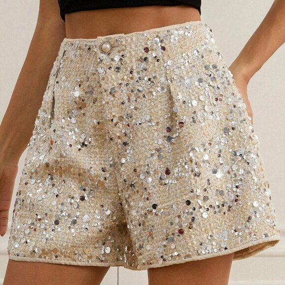 Beige Party Women's Tweed Sequin Shorts - Picture 3 of 6